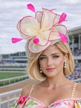 Kentucky Derby Oaks Cream and Pink Fascinator Feathers + Netting